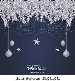 Merry christmas realistic background design with pine branch and christmas ball christmas star