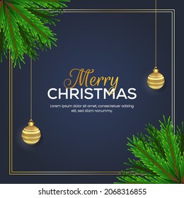 Merry christmas realistic background design with pine branch and christmas ball christmas star