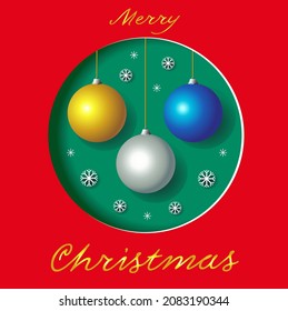  Merry Christmas. Realistic Christmas balls and paper snowflakes in a round green frame on a red background. Paper cutting and crafting style. Greeting card, poster, invitation. 