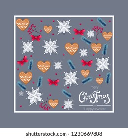 merry Christmas, realistic festive elements, snowflake cookies, fir branches, bow, berries