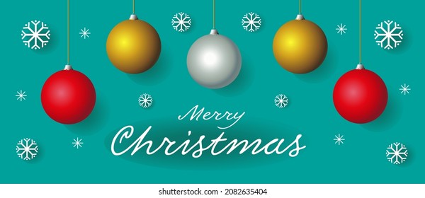 Merry Christmas. Realistic gold, silver, red Christmas balls and paper snowflakes on a green blue background. Holiday banner, invitation, congratulation, discounts.