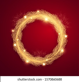Merry Christmas Realistic holiday wreath gold fir tree branches, girts, toys, cones, red berries and stars.