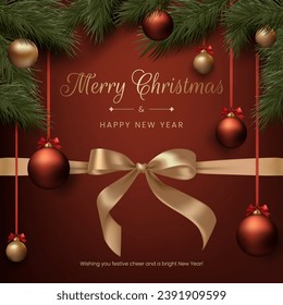 Merry Christmas realistic red and gold balls, pine tree branches, and festive bow ribbons. This elegant design is suitable for holiday cards, invitations, and banners. Not AI generated