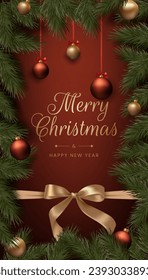 Merry Christmas realistic red and gold balls, pine tree branches, and festive bow ribbons. This elegant design is suitable for holiday cards, invitations, and banners. Not AI generated