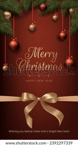 Merry Christmas realistic red and gold balls, pine tree branches, and festive bow decorations. This elegant design is suitable for holiday cards, invitations, and banners. Not AI generated