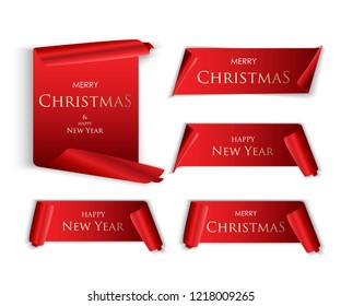 Merry Christmas realistic red paper banners. Banner with a congratulation. Merry christmas on a red scroll. Vector illustration EPS10