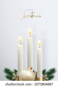 Merry Christmas Realistic Shining Candles. Xmas composition on Gray background with three Candle Flame, tree branches, snowflakes and Christmas ball. Scandinavian style.  New Year greeting card. 