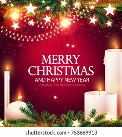 Merry Christmas Realistic Shining Candles, Burning Fire, Light Garlands and Fir Tree Branches on Red Background. Vector illustration