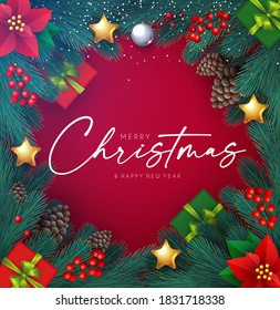 Merry Christmas Realistic shining holiday design with lettering, fir tree branches, cones, red berries, stars and lights.