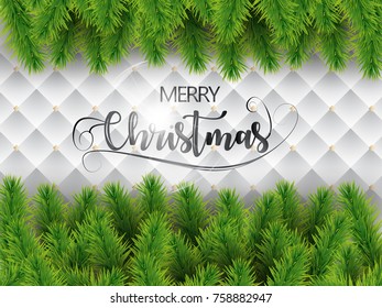 Merry christmas realistic tree branches on white texture background. Vector.