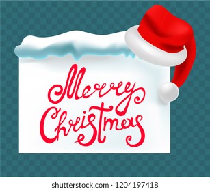 merry Christmas realistic vector illustration poster with Santa hat and snow