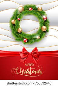 Merry Christmas realistic wreath with christmas gold and red balls toy and red ribbon on white and gold texture background. Vector.