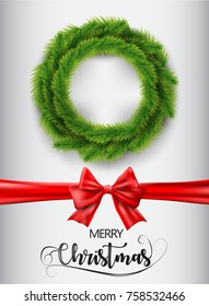 Merry Christmas realistic wreath isolate on white background with red ribbon and text. Vector illustration.