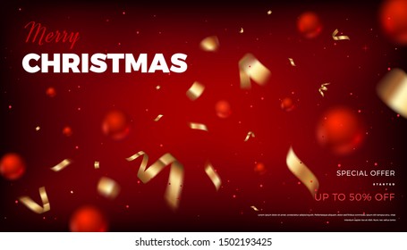 Merry Christmas red background, abstract festive banner with red balls and golden cerpentine 3d vector design