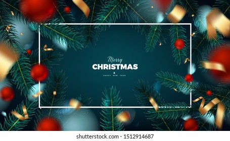Merry Christmas red background, abstract festive banner with red balls, fir tree forest and golden cerpentine 3d vector design