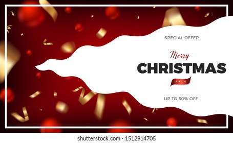 Merry Christmas red background, abstract festive banner with red balls and golden cerpentine 3d vector design