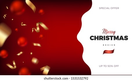Merry Christmas red background, abstract festive banner with red balls and golden cerpentine 3d vector design