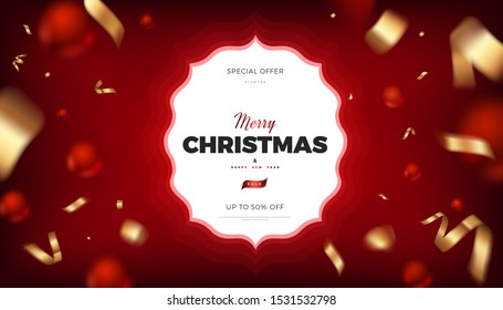 Merry Christmas red background, abstract festive banner with red balls and golden cerpentine 3d vector design