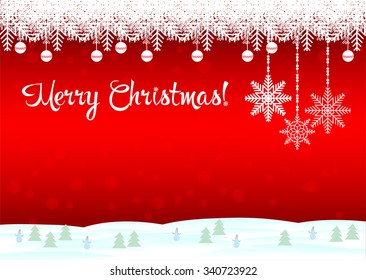 Merry Christmas! The red background is a beautiful snowflakes and snowmen