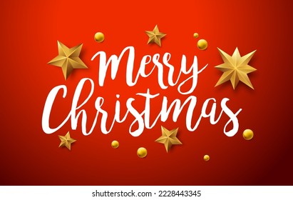 Merry Christmas red background with calligraphic hand written text happy xmas. Vector illustration with text, and golden stars and beads balls decoration