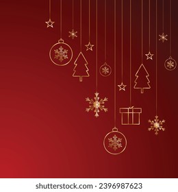 Merry Christmas red background with golden stars and tree with golden balls and snowflake
