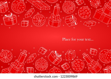 Merry Christmas red background with hand drawn gifts. Vector xmas greeting card, also you can use like poster, postcard, banner or any type of decoration for your design