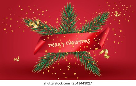 Fondo rojo de Navidades alegres. Decoración de estrellas de ramas verdes realistas, cinta de purpurina roja y confeti dorado. Tarjeta Festiva. Vector X-mas y feliz año Nuevo diseño.