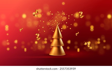 Merry Christmas red background. Realistic gold tree and confetti ribbon decoration element on stage. Holiday glitter card with bokeh light. Vector X-mas and Happy New Year design.