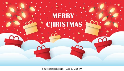 Merry Christmas red  background with snow, gift boxes and glowing garland lights. Vector  template illustration for festive card or promotion