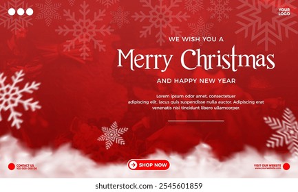 Fundo vermelho Feliz Natal com flocos de neve e nuvem cartaz banner retângulo do folheto de mídia social