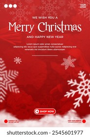 Merry Christmas red background with snow flakes and cloud poster banner social media flyer potrait
