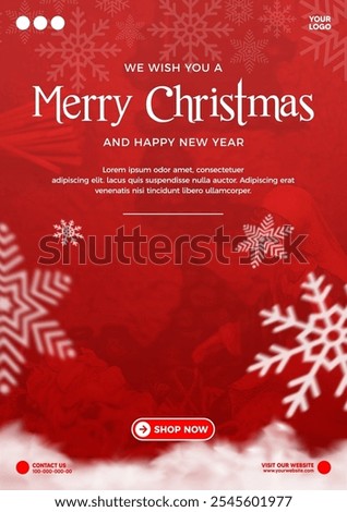 Merry Christmas red background with snow flakes and cloud poster banner social media flyer potrait