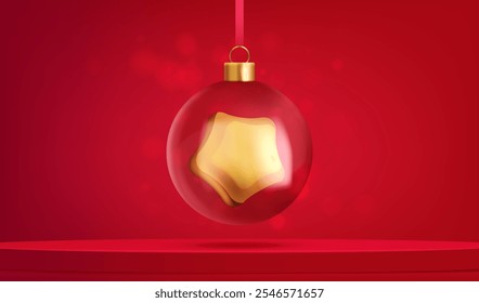 Merry Christmas red background with transparent glass ball with gold cartoon cookie star inside. Holiday mock up card with long podium. Vector xmas place for display sale product vector design.