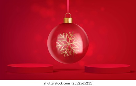 Merry Christmas red background with transparent glass ball with gold glitter snowflake inside. Holiday mock up card with red podiums. Vector xmas place for display, present sale product vector design.