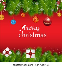 merry christmas red background with christmas tree leaves ,christmas bauble,snowman hat,gifts,candy,and snowflake.greeting card vector