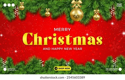 Merry Christmas red background with christmas tree leaf, gold bell, and snow flakes poster banner social media flyer rectangle