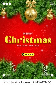 Merry Christmas red background with christmas tree leaf, gold bell, and snow flakes poster banner social media flyer rectangle potrait