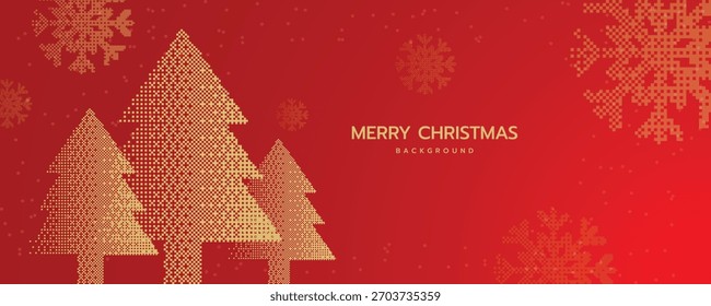 Fondo rojo feliz de la Navidad con el árbol de navidad y la textura pixelada pixelada del gradiente del mapa de nieve para el cartel, la tarjeta, la cubierta, el diseño del Vector de los medios sociales. 