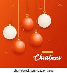 Merry Christmas Red Background with white and Red Hanging balls. Horizontal Christmas posters. greeting cards