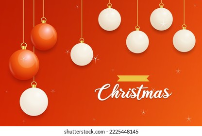Merry Christmas Red Background with white and Red Hanging balls. Horizontal Christmas posters. greeting cards