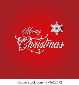 Merry Christmas. Red background. White text. Happy New Year vector text Calligraphic Lettering design. Creative typography for Holiday Greeting Gift Poster. Calligraphy Font Style. Snowflake