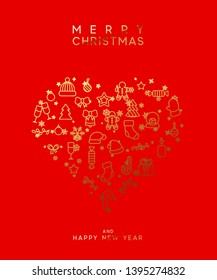 Merry Christmas red background with Xmas Golden objects, linear style design elements.