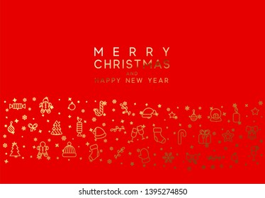 Merry Christmas red background with Xmas Golden objects, linear style design elements.
