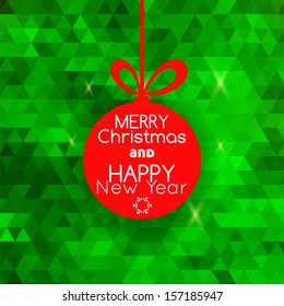 Merry Christmas red ball card on triangular green abstract background