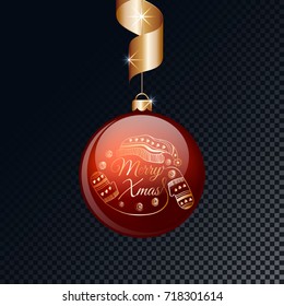 Merry Christmas  red ball with gold ribbon. Vector illustration.