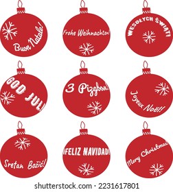 Merry Christmas red ball set made of lettering in english, german, french, italian, spanish, swedish, polish, ukrainian, croatian. Isolated vector collection of objects
