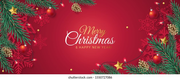 Merry Christmas red banner with fir branches, red balls, golden stars, pinecones and light garlands. Vector illustration