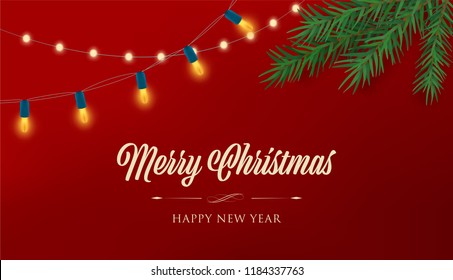 Merry christmas red banner with led decoration bulb colorful. Happy new year background.