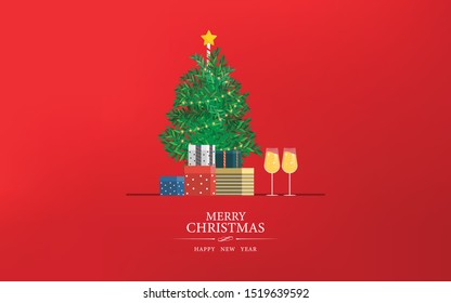 Merry christmas red banner with christmas trees and gift box. Happy new year celebration background.