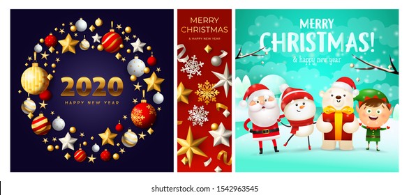 Merry Christmas red, blue, cyan banner set with wreath, animals. New Year, Christmas, winter. Calligraphy with decorative design can be used for invitations, post cards, announcements